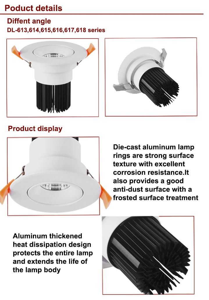 Recessed Aluminum 50W Ceiling 1 Heads Multiple Round Hotel COB Downlight LED Lamp