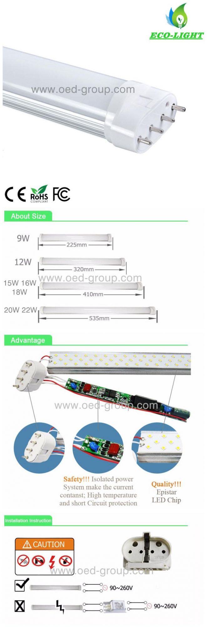 Shenzhen Factory 22W 2200lm 2g11 LED Bulb Light Tube with 4 Pins 2g11 Lamp