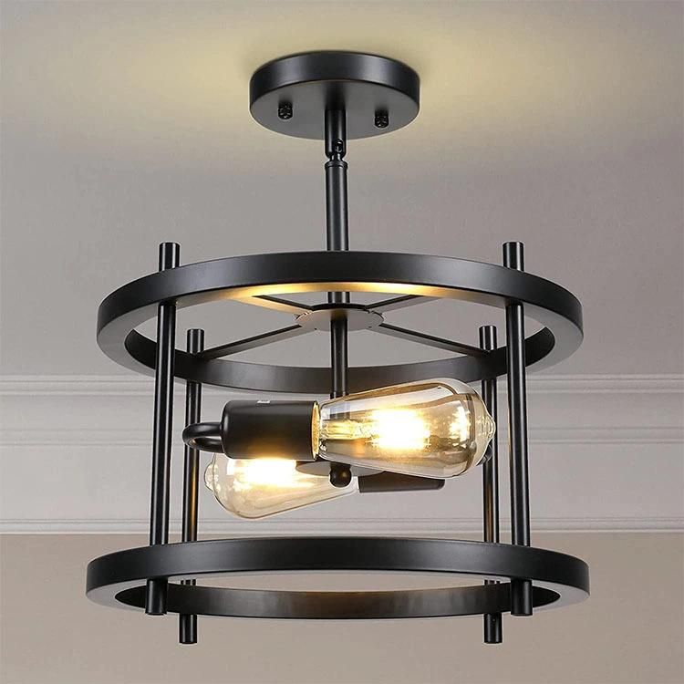 Matte Black Semi Recessed Ceiling Light Fixtures 2 Lights E26 Farmhouse Pendant Light Retro Industrial Ceiling LED Chandeliers