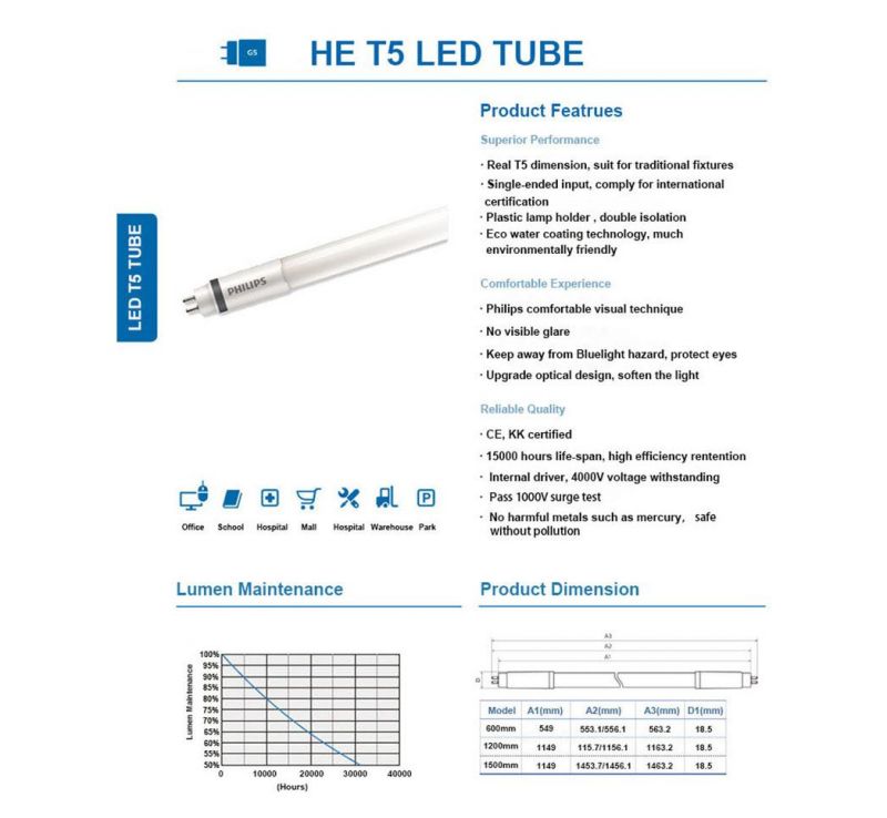 High Efficiency Single-Ended 8W/18W/22W G5 T5 LED Tubelight