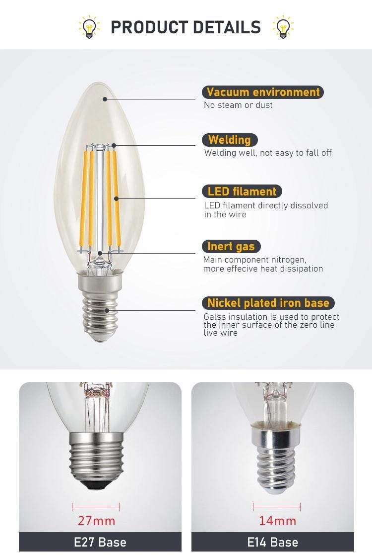 C35 Dimmable 360 Degree 2W/4W/6W/8W Filament Light LED Candle Bulb
