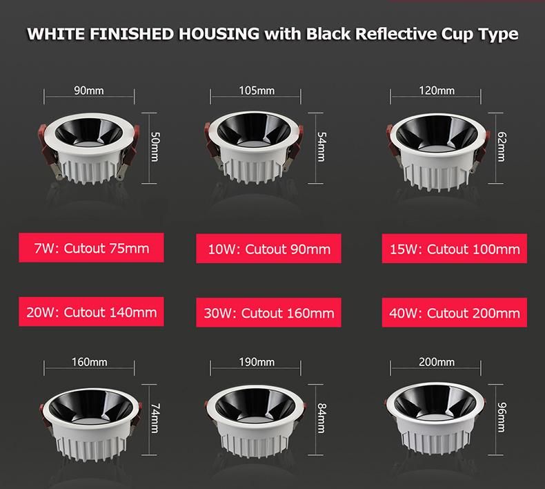 Lighting Triac 0-10V Dali Dark Light Recessed Down Spot Lights 7W 9W 12W 15W 18W 24W 30W LED Downlight 2′′ 3" 4" 5" 6"