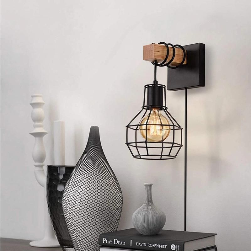 Living Room Wall Lamp American Retro Cage Hemp Rope Lamp Industrial Farmhouse Bedroom Wood Art Bedside Lamp