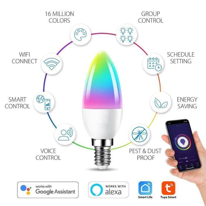 Alexa Google Home C37 E14 5W LED Candle Bulb WiFi Tuya Bulb RGB+Cw+Ww LED Smart Bulb for Party and Indoor Lighting