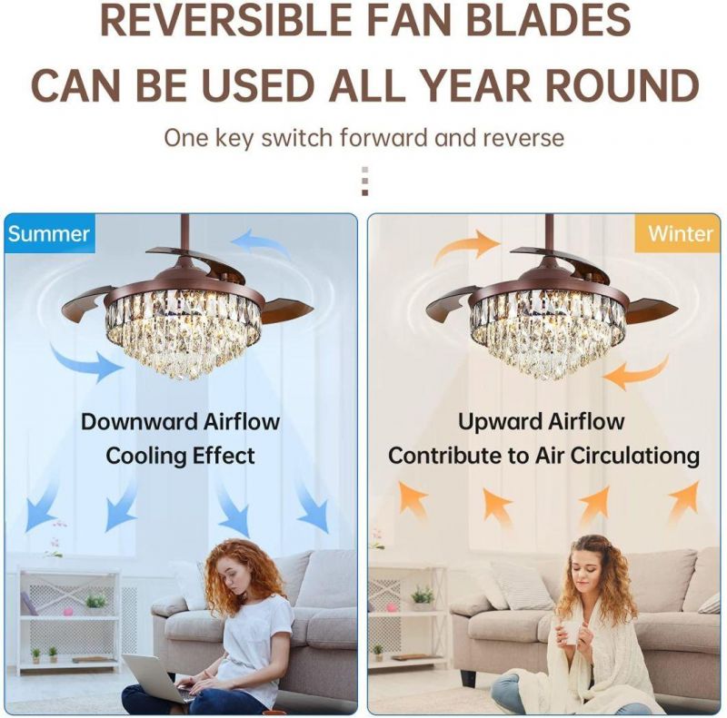 Modern Luxury Design 42 Inch Foldable with Hidden Blade and Remote Control High Quality Chandelier Crystal Ceiling Fan