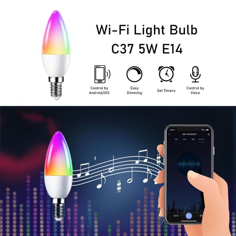 Alexa Google Home C37 E14 5W LED Candle Bulb WiFi Tuya Bulb RGB+Cw+Ww LED Smart Bulb for Party and Indoor Lighting