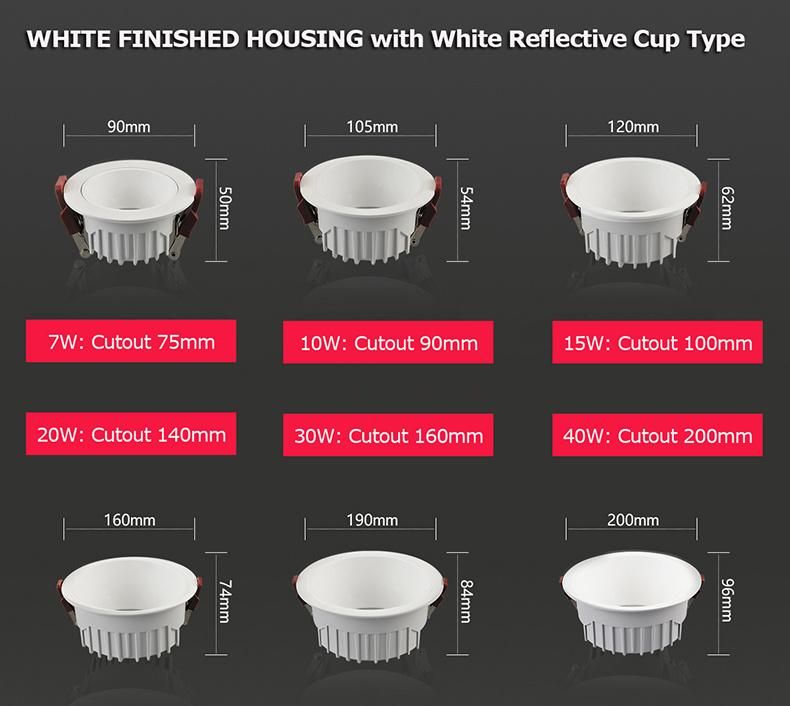 Recessed Aluminum Housing White Black CRI90 LED Fixture Downlight with CE RoHS
