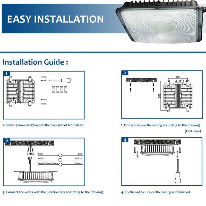 60W 80W 100W LED Canopy Light for Gas Station Stadium Metro Station Supermarket Lighting