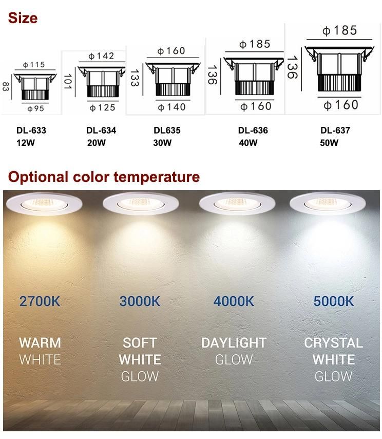 SCR Dimming/Dali Dimming 12W 20W 30W Spot Ceiling Die-Casting Aluminum COB LED Downlight