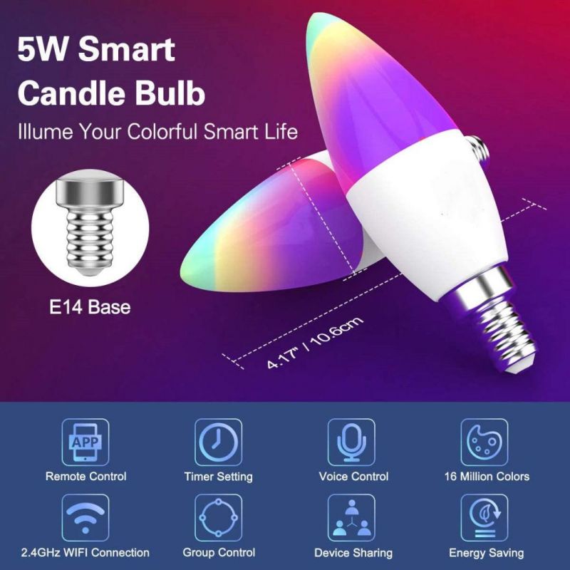 Alexa Google Home C37 E14 5W LED Candle Bulb WiFi Tuya Bulb RGB+Cw+Ww LED Smart Bulb for Party and Indoor Lighting