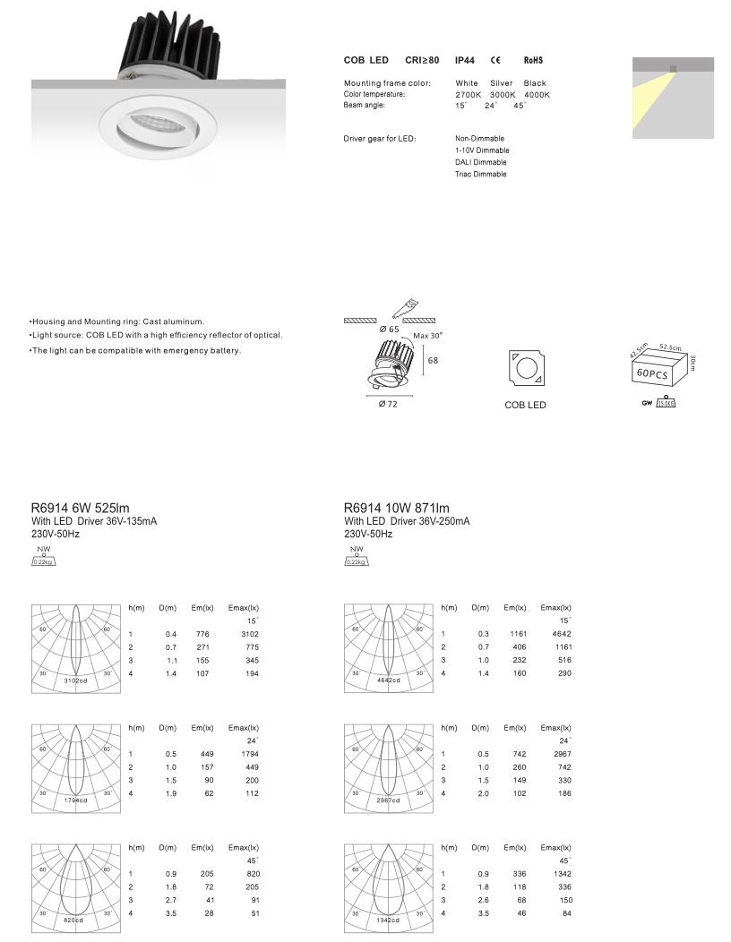 Small IP20 6W/10W High Power Dimmable COB LED Down Lighting Fixture