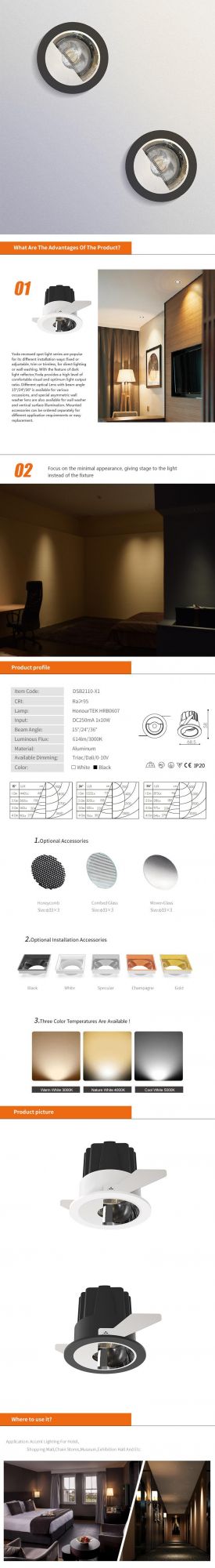 Fixed 10W Wall Washing LED Downlight Building Material LED COB Spotlight