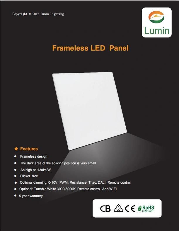0-10V/Dali Dimmable 40W Frameless LED Panel Light for Home/Office/Super Market Lighting