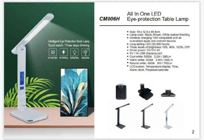 24W Eye Protection Wireless Charging LED Table Desk Lamp with Calendar Temperature Alarm Clock