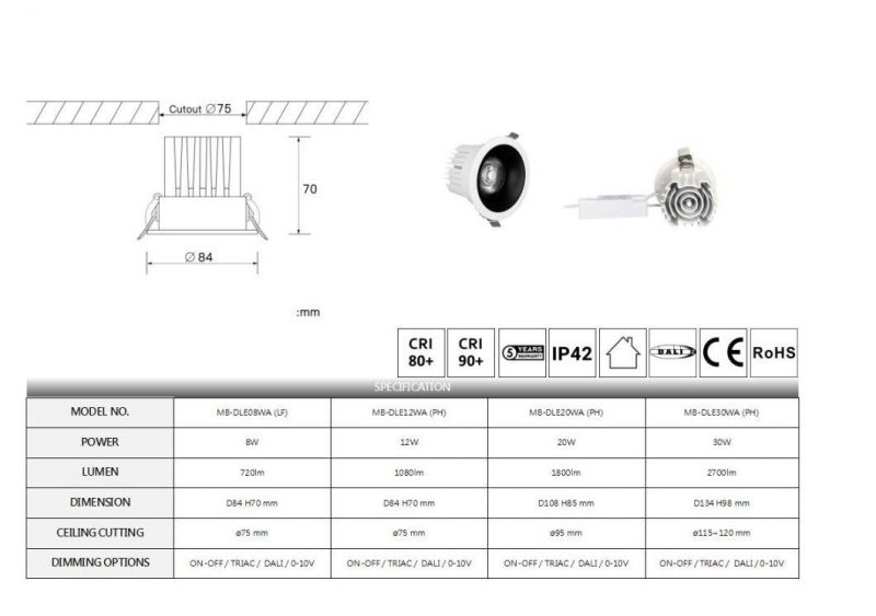 Recessed Module Smart Dimmable Down Light COB LED Hotel Downlight
