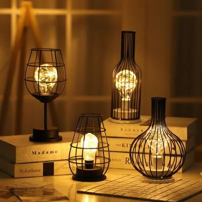 Wine Glass Bottle LED Night Light Iron Hollow out Table Lamp for Cafe Hotel Balcony Geometric Multicolor Wine Bottle Light