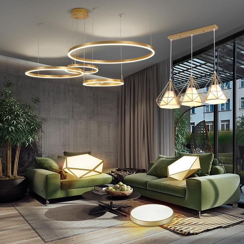 Simple Hanging Decorative Ceiling Pendant Lights Circle Rings Acrylic Gold Luxury Modern LED Chandelier