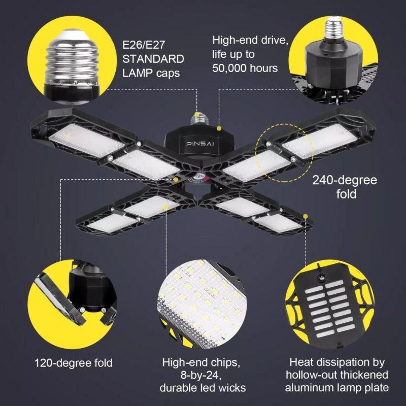 Factory E27 E26 LED Deformable Industrial Ceiling Garage Storage Warehouse Workshop 8 Panel 150W Garage Light