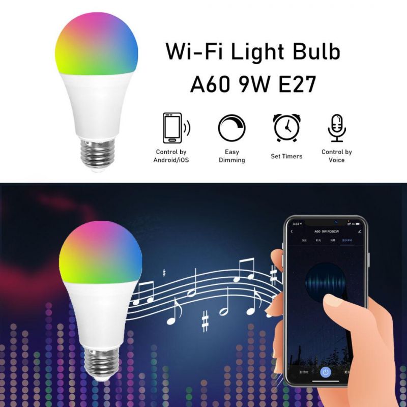 China Manufacturer LED Tuya A60 9W WiFi Rgbcw 220-240V Interior Smart Dimmable Bulb Work with Alexa Google Home