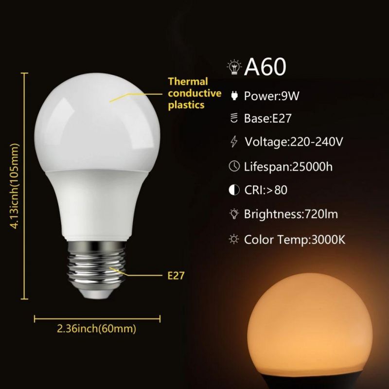 Factory Price A60 9W B22 E27 Plastic Aluminum LED Bulb Light Energy Saving Lamp for Indoor Using with CE RoHS ERP Approval
