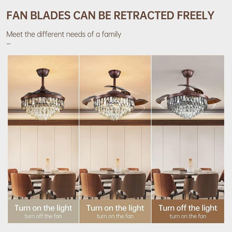 Modern Luxury Design 42 Inch Foldable with Hidden Blade and Remote Control High Quality Chandelier Crystal Ceiling Fan