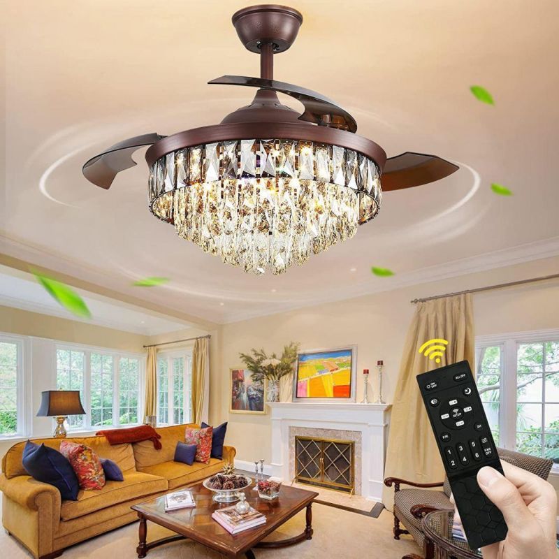 Modern Luxury Design 42 Inch Foldable with Hidden Blade and Remote Control High Quality Chandelier Crystal Ceiling Fan